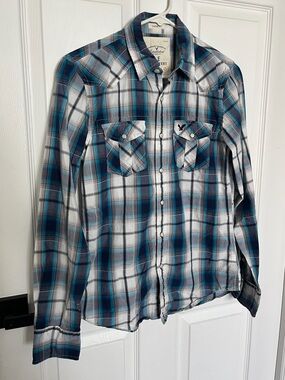 Men's XS Plaid Button-Down Shirt in Teal and Gray - American Eagle Vintage Fit
